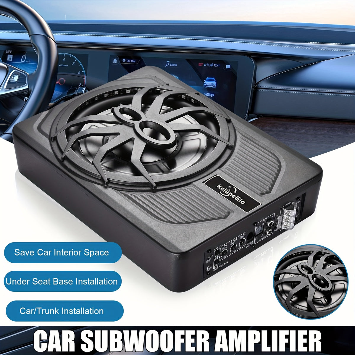 KELUNEGLO 10" 1200W Slim Under-Seat Powered Sub W/ Wiring, Built-in Amp & Blue LED, Halloween Audio, Subwoofer with Built in Amp, Subwoofer Amplificado Para Auto, Under Seat Subwoofer, Subwoofer Car Audio, 10inch Subwoofer