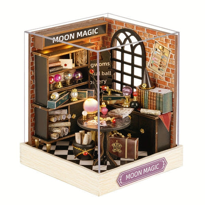 DIY Wooden Tiny House Kit with Dust Cover – Handmade Miniature Dollhouse Puzzle, 3 Themes Afternoon Tea Rotating Food House Moon Magic, Creative Home Decor Gift for Adults & Teens Birthday Christmas
