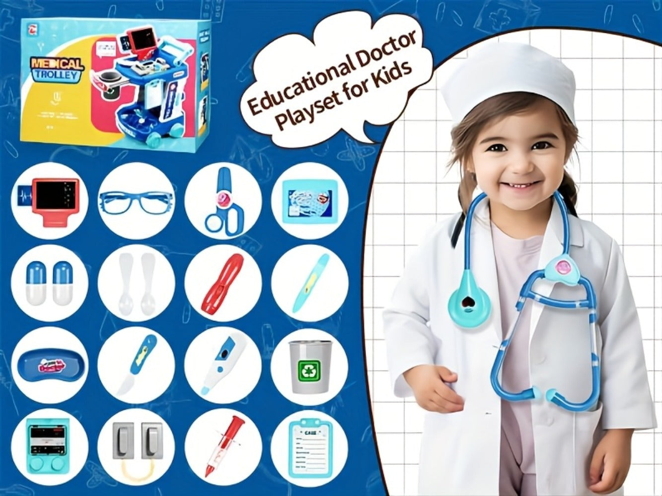 Kids Doctor Kit with Medical Cart Set – Movable Toy Trolley, Stethoscope, Thermometer & Accessories | Doctor Nurse Role Play Toy for Boys & Girls Ages 3 4 5 6, Birthday & Christmas Gift