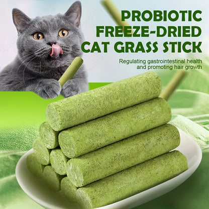 Cat Grass Sticks for Hairballs – Freeze-Dried Treats with Instant Granules & Hair Cream Tablets for Indoor Cats 15pcs