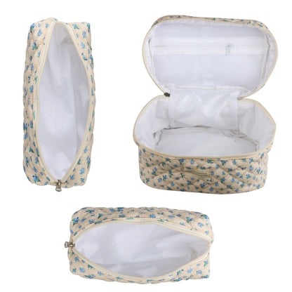 Quilted Floral Makeup Bag Set 3PCS Large Capacity Dual Layer Cotton Cosmetic Bags Coquette Aesthetic Travel Toiletry Organizer Gift for Women Girls Blue Rose Pink