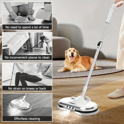 Cordless Electric Spin Mop Floor Cleaner with LED Headlight & Water Spray Tank – Powerful Wireless Spinning Mop for Hardwood & Tile Floors, Quiet Motor, Self-Cleaning & Waxing Function (White)