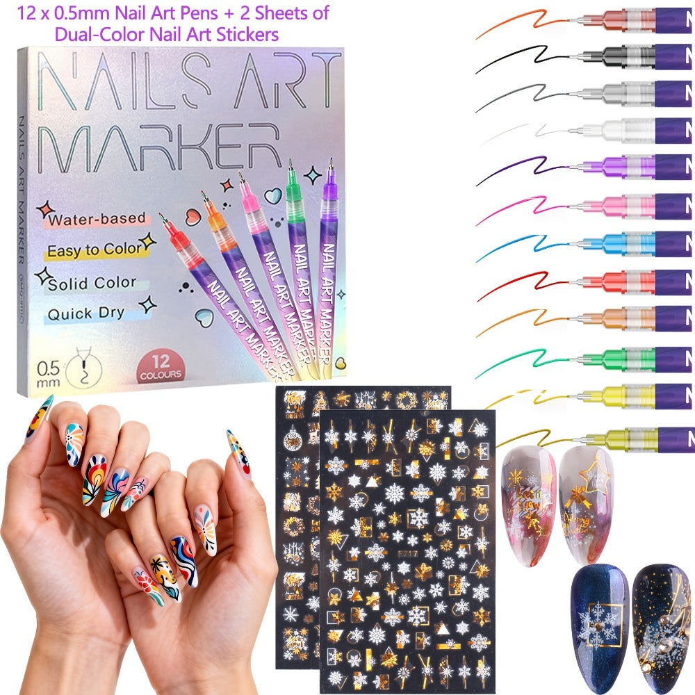 Nail Art Pens Set 12Pcs 0.5mm Ultra-Fine Tip Round Head Brush for DIY Nail Designs - Detailed Line Drawing & Nail Decoration Tools for Beginners and Professionals