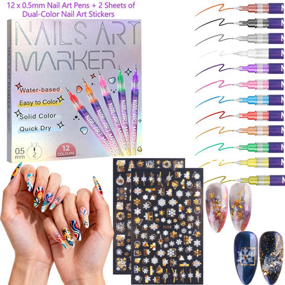 Nail Art Pens Set 12Pcs 0.5mm Ultra-Fine Tip Round Head Brush for DIY Nail Designs - Detailed Line Drawing & Nail Decoration Tools for Beginners and Professionals