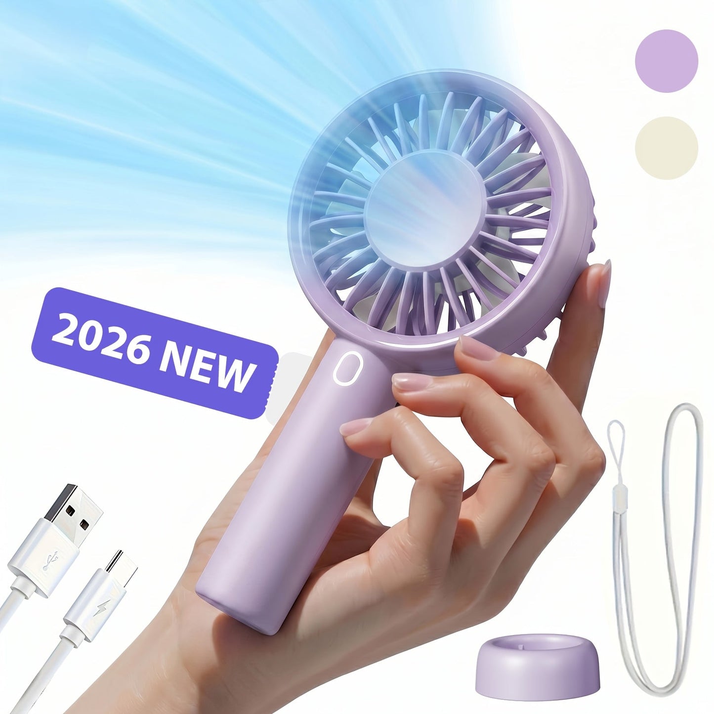 Portable Handheld Fan 16-Hour Battery Life | Air Turbo Tech 3-Speed USB Rechargeable Personal Cooling Fan for Outdoor Activities, Travel & Work – Upgraded Purple, White & Mini Light Blue