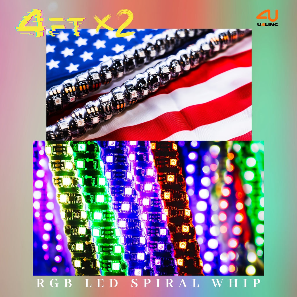 1 Pair (2pcs) 1ft/2ft/3ft/4ft Brighter RGB LED Whip Lights Flag Pole Remote And APP Control Color Changing Lamp Spiral RGB Music Chasing/Dancing Neon Light Whips for UTV ATV RZR SXS Side By Side Dune Buggy Offroad Truck (w/o Spring Base)