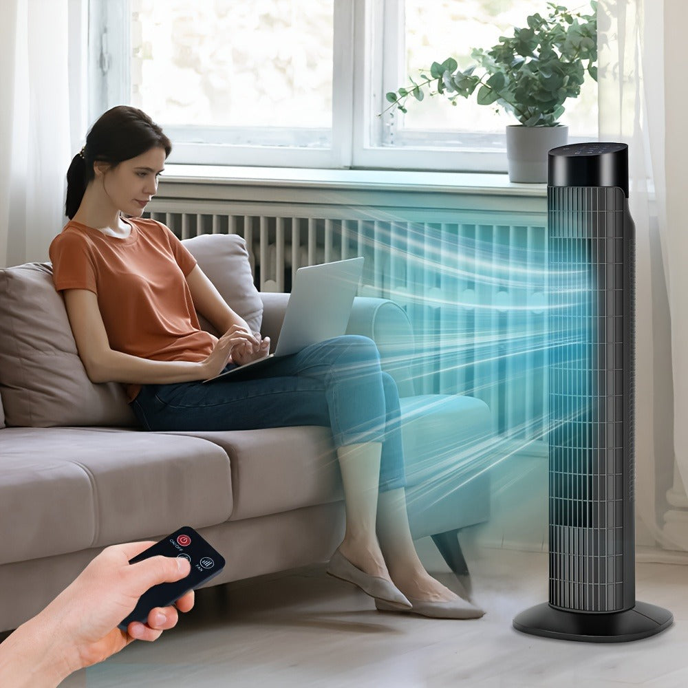 Tower Fan 31 Inch Bladeless | 80° Oscillating Standing Fan with Remote Control, 7.5H Timer & 3-Speed Settings, Quiet Cooling Fan for Bedroom, Living Room & Office – Black & White