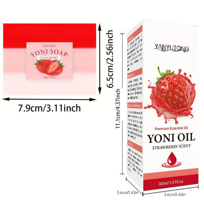 Strawberry Yoni Bath Set 4pcs for Women – Scented Yoni Oil & Soap Feminine Hygiene Kit pH Balance Odor Control Moisturizing Intimate Care Gift Set