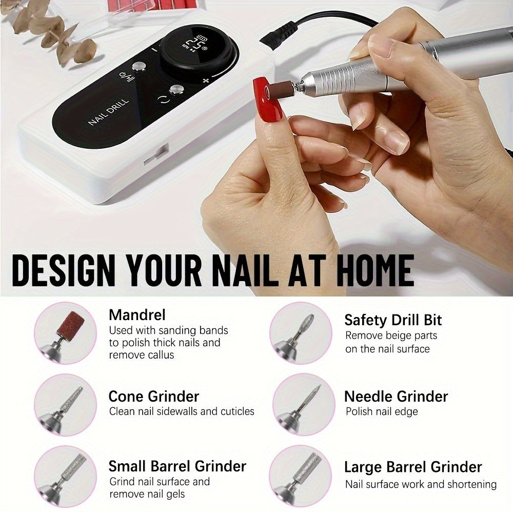 Nail Drill Machine 45000 RPM Brushless Motor 10-Hour Battery Electric Nail File with LCD Smart Screen 6 Drill Bits 6 Sanding Bands – Forward Reverse Low Noise Nail Grinder for Gel Acrylic Nails Home Salon