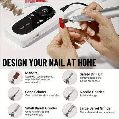 Nail Drill Machine 45000 RPM Brushless Motor 10-Hour Battery Electric Nail File with LCD Smart Screen 6 Drill Bits 6 Sanding Bands – Forward Reverse Low Noise Nail Grinder for Gel Acrylic Nails Home Salon