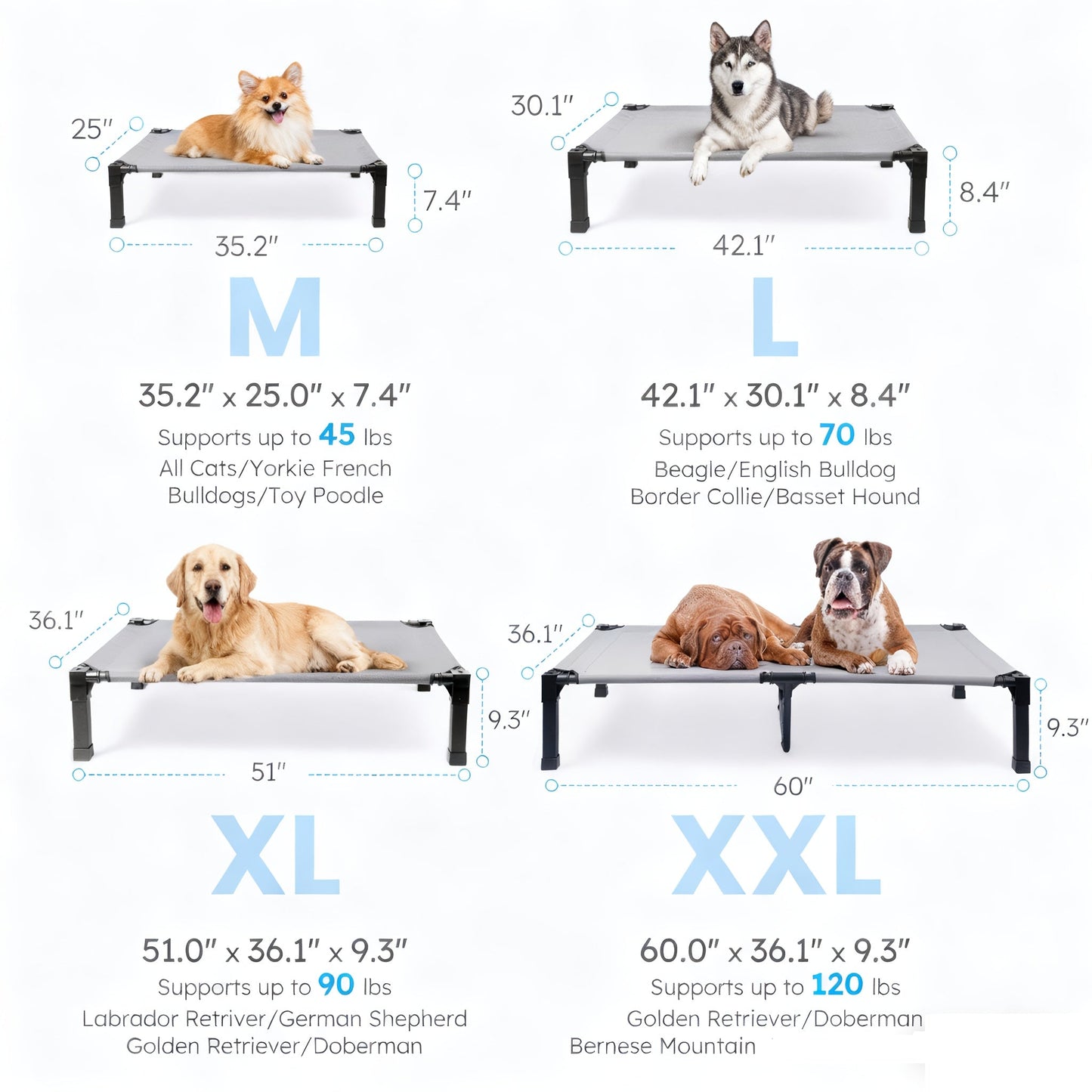 Elevated Dog Bed with Cooling Mesh & Metal Frame - Raised Dog Cot Bed with Washable Breathable Mesh, No-Slip Feet, Portable Dog Bed for Outdoor & Indoor Use, Available in 4 Sizes & 7 Colors