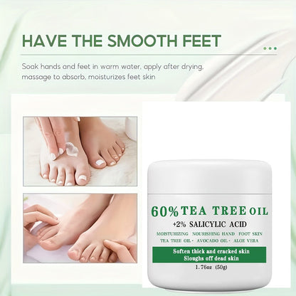 Tea Tree Oil Foot Cream 50g - 60% Tea Tree Oil & 2% Salicylic Acid Foot Balm for Dry Cracked Heels & Calluses, Aloe Vera & Mint Cooling Nourishing Foot Care Treatment