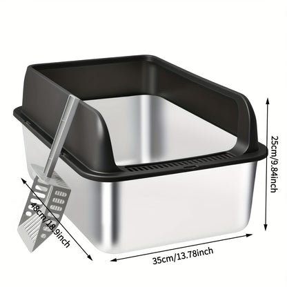 Stainless Steel Cat Litter Box with High Sides & Lid - Metal Litter Pan Anti-Leak Non-Stick Easy Clean Indoor Cat Toilet with Scoop, M & L Sizes