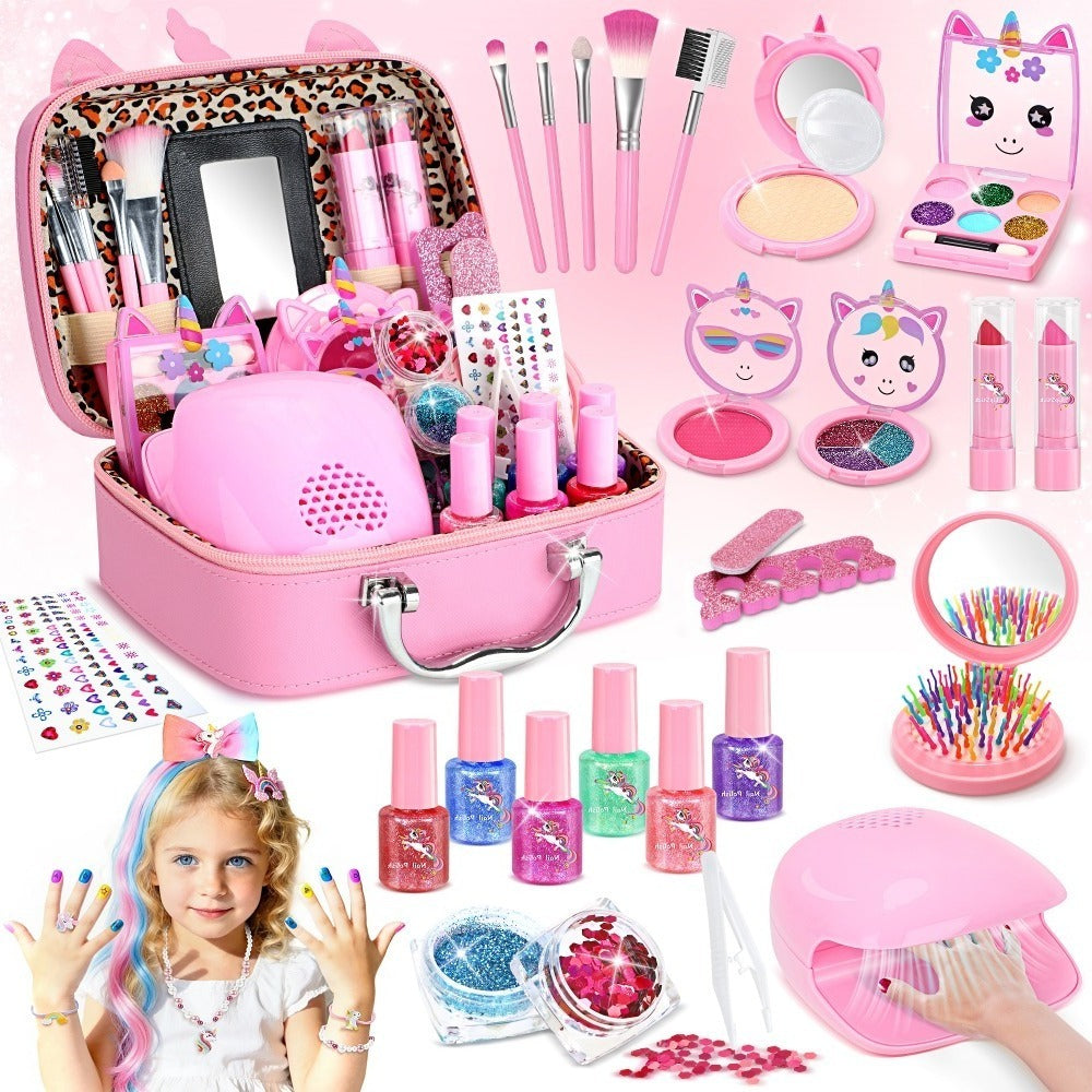 Kids Makeup Set for Girls – 2-in-1 Princess Makeup & Nail Art Kit, Washable Non-Toxic Pretend Play Cosmetics with Nail Polish, Eyeshadow, Lipstick & Accessories, Birthday Gift for Girls Ages 3+