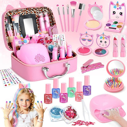 Kids Makeup Set for Girls – 2-in-1 Princess Makeup & Nail Art Kit, Washable Non-Toxic Pretend Play Cosmetics with Nail Polish, Eyeshadow, Lipstick & Accessories, Birthday Gift for Girls Ages 3+