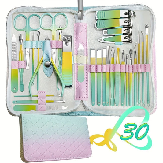 Nail Care Kit 30 Piece with Gradient Travel Box — Complete Manicure & Pedicure Set, Fingernail & Toenail Clippers for Women Men Family, Personal Care Beauty Grooming Gift