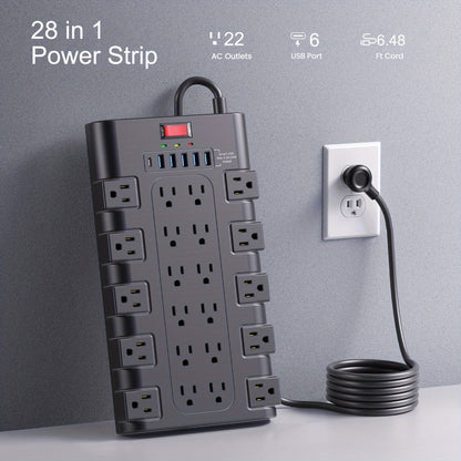 Power Strip Surge Protector 28-in-1 with 22 Widely Spaced Outlets 5 USB-A 2 USB-C Ports 2100 Joules Flat Plug Wall Mountable 6.48FT 14AWG Heavy Duty Extension Cord for Home Office