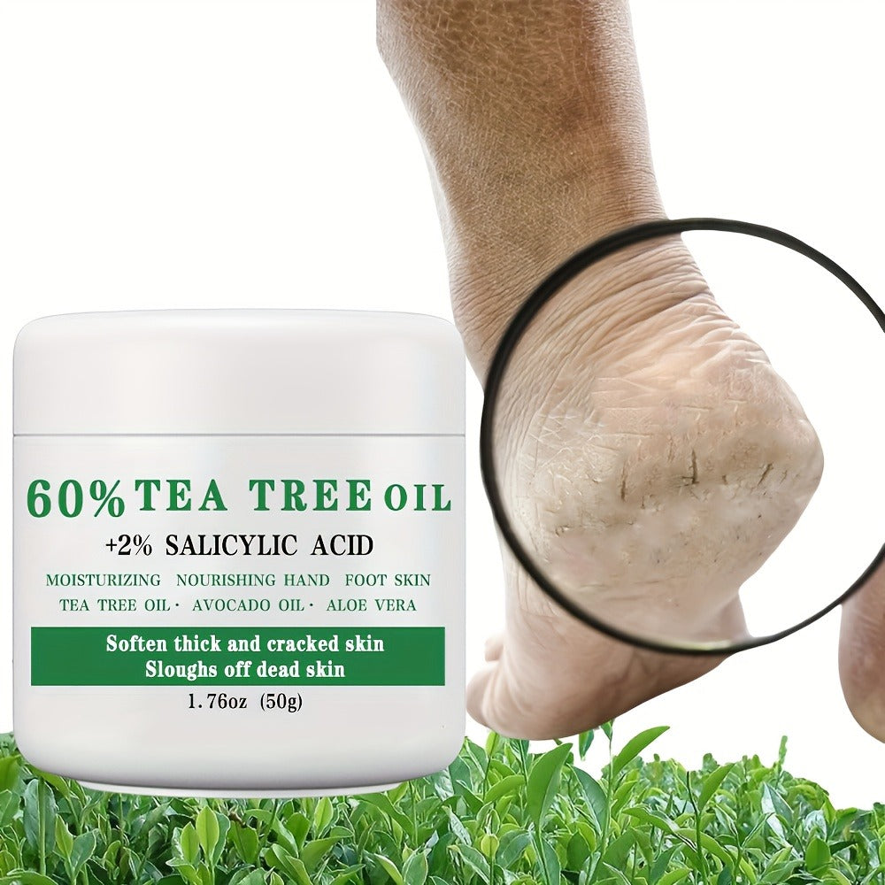 Tea Tree Oil Foot Cream 50g - 60% Tea Tree Oil & 2% Salicylic Acid Foot Balm for Dry Cracked Heels & Calluses, Aloe Vera & Mint Cooling Nourishing Foot Care Treatment