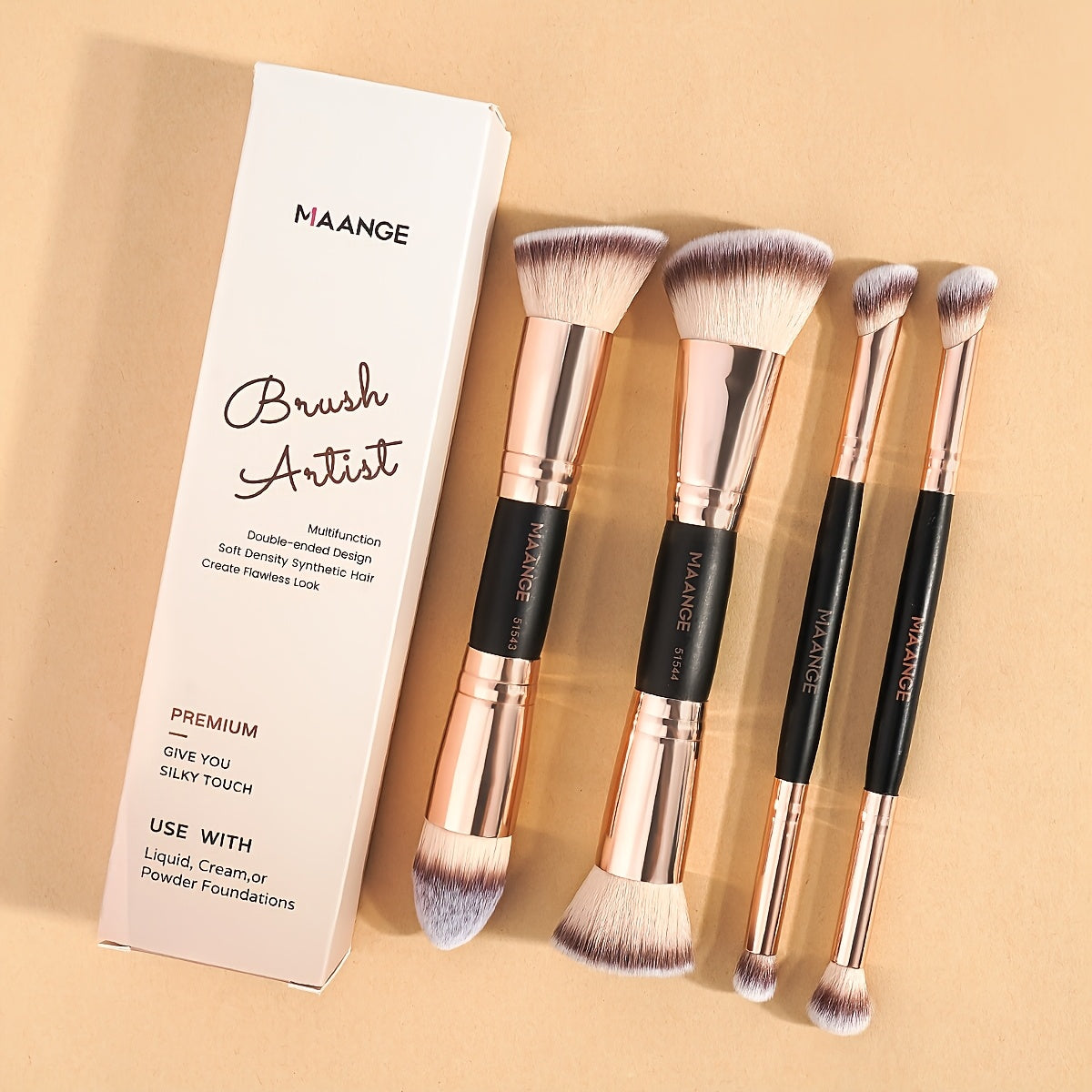 Double-Ended Makeup Brush Set 4Pcs – Bevel Taper Foundation Contour Blush Powder Brushes Professional Travel Makeup Tools Kit for Women Black Beige & Black Gold
