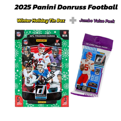 2025 Panini Donruss Football Holiday Tin + Jumbo Value Pack Bundle – 3 Exclusive Press Proof Purple Cards, 400-Card Base Set, Gridiron Kings & Rookie Hits for NFL Collectors