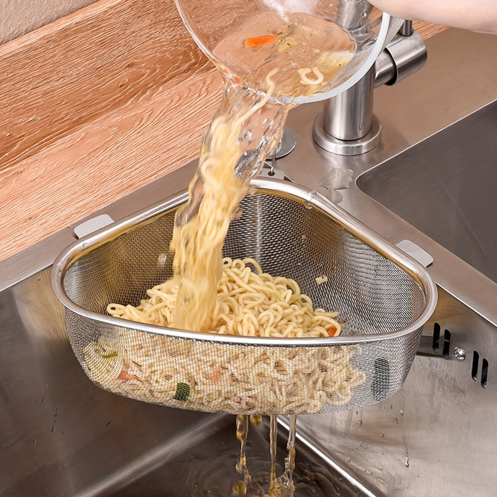 Stainless Steel Sink Strainer Basket 304 Grade Triangular Space-Saving Design – Dual-Use Stand & Hang, Mesh Filter for Food Waste & Clog Prevention, Kitchen & RV Drain Basket 8.6×6.1×3.1 Inch