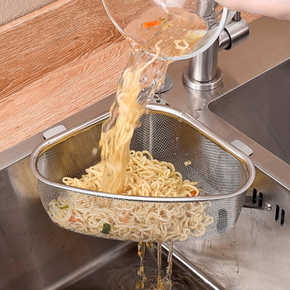 Stainless Steel Sink Strainer Basket 304 Grade Triangular Space-Saving Design – Dual-Use Stand & Hang, Mesh Filter for Food Waste & Clog Prevention, Kitchen & RV Drain Basket 8.6×6.1×3.1 Inch