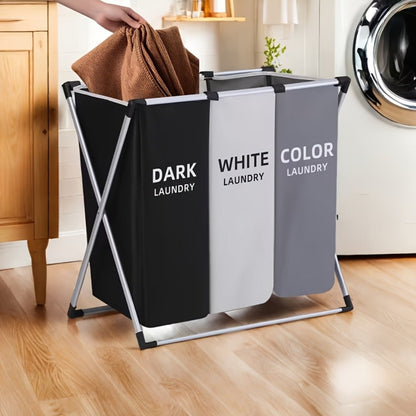 Laundry Hamper Sorter 3-Section Foldable Basket with Oxford Bags Large Rectangular Hamper with Handles Durable Fabric for Home Dorm Bathroom Bedroom College