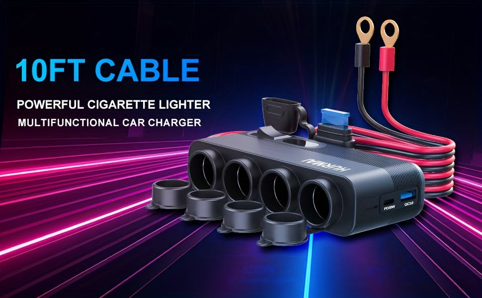 12V Socket Power Outlet, 10FT Cable 24V 216W Multi Port Outlet, 12 Volt Car Plug Lighter Socket, Power Supply Car Plug Outlet, Extension Cable With Perforated Terminal Direct Battery Adapter