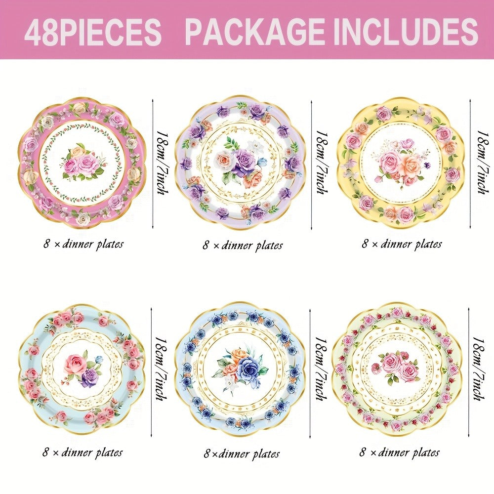 Floral Paper Plates 48 Pack – Elegant Disposable Botanical Plates for Tea Party, Birthday Brunch, Bridal Shower, Baby Shower, Wedding, Engagement & Garden Party Tableware