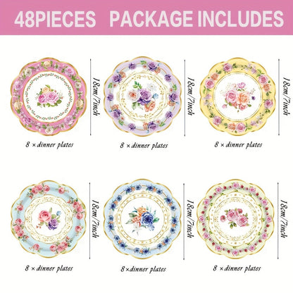 Floral Paper Plates 48 Pack – Elegant Disposable Botanical Plates for Tea Party, Birthday Brunch, Bridal Shower, Baby Shower, Wedding, Engagement & Garden Party Tableware