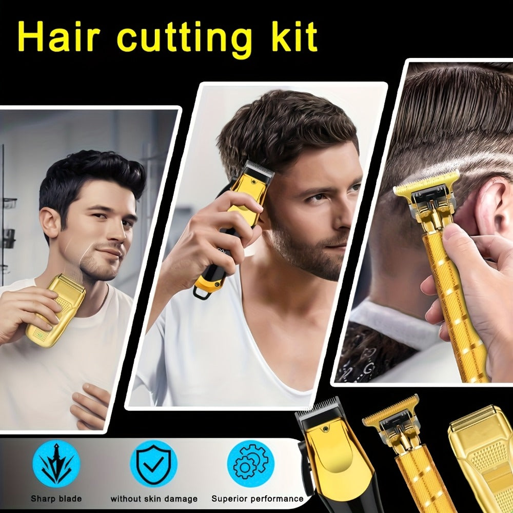 Men's Grooming Kit Hair Clipper Set USB Rechargeable LCD Display - Professional Clipper Razor T-Blade Trimmer 8 Guide Combs & Apron Complete Home Barber Kit Gold Black Gift for Men