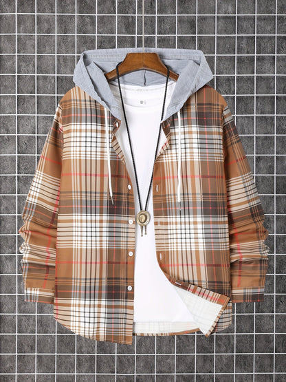 Men's Plaid Long Sleeve Hooded Shirt - Stretch