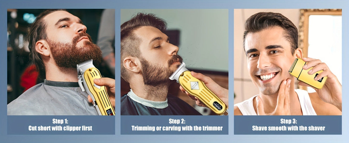 Foil Shaver Grooming Kit for Men 3-in-1 – Hair Clipper Detail Trimmer Adjustable Blades USB Rechargeable LCD Display Complete Barbershop Accessories Set Holiday Gift for Him