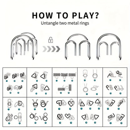 Metal Brain Teaser Puzzle Set 50 Pack – Golden Unlock Iron Chain Link Toys, Nine Rings Kongming Lock, IQ Logic Games for Kids & Adults, Party Favor Stocking Stuffer Halloween Christmas Gift