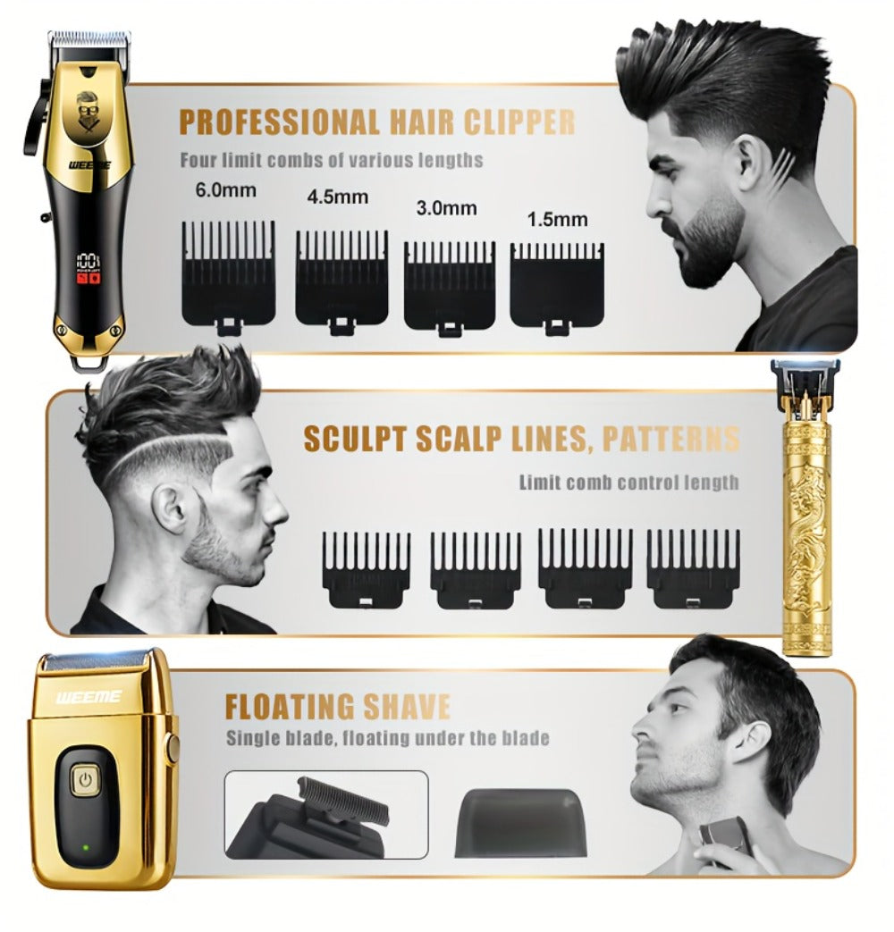 3-in-1 Hair Clipper Grooming Kit for Men — WEEME USB Rechargeable Cordless Beard Trimmer & Body Shaver Set, Home Barber Hair Cutting Kit, Gift for Boyfriend Father Husband
