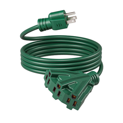 Green Extension Cord 3-Outlet Splitter 12FT 16/3 SJTW Flexible Copper Wire Triple Tap for Christmas Lights Holiday Decoration Landscape Lighting Outdoor Indoor Garage Workshop