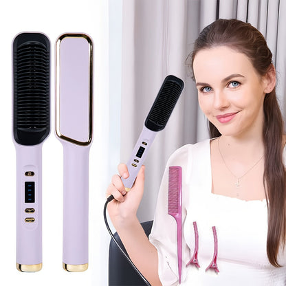 Wet Dry Hair Straightener Brush 2-in-1 Electric Straightening Comb – Multi-Temp Fast Heat Volumizing Styling Tool for Women All Hair Types, Purple Pink White Grey