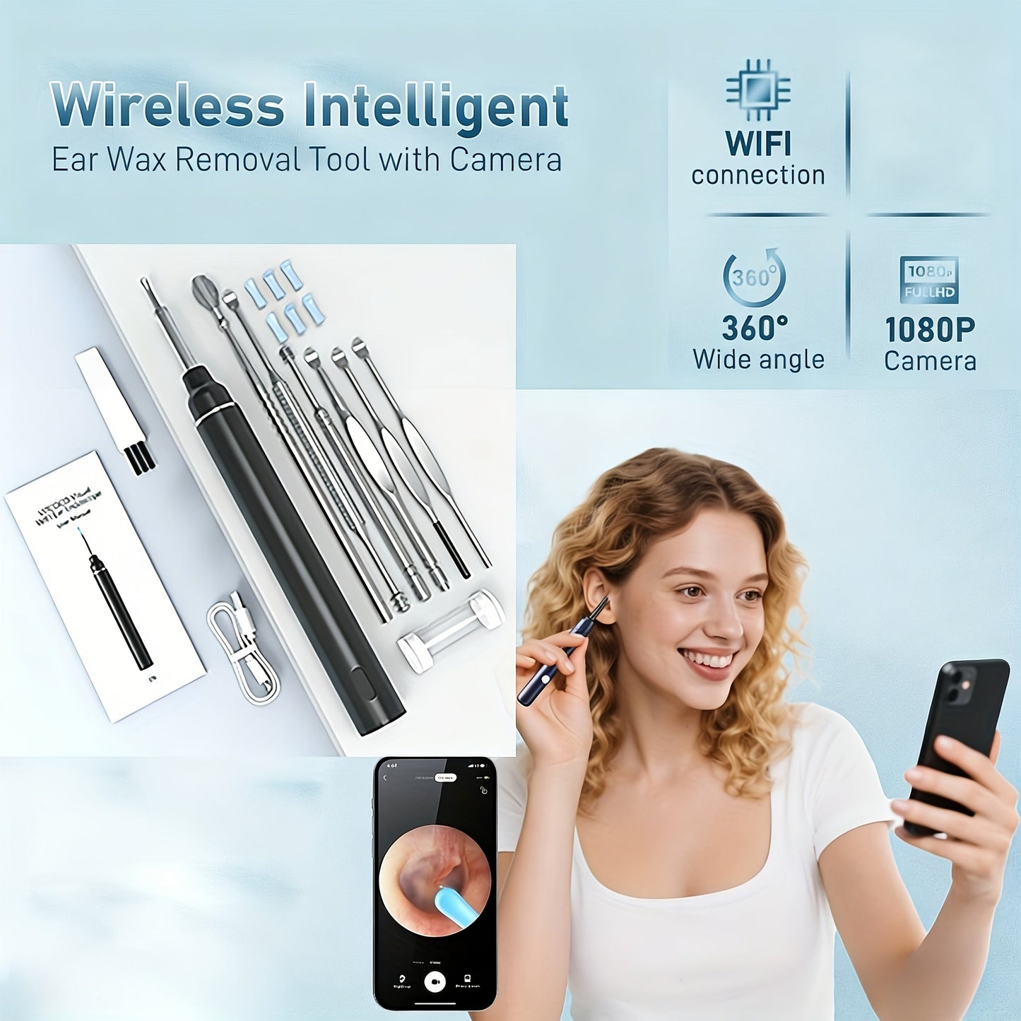 Wireless Ear Camera Ear Wax Removal Kit 1080P HD 6-LED – App-Controlled Visual Ear Cleaner for Adults and Pets, Compatible with All Smartphones, Multiple Cleaning Heads, Portable Ear Scoop Tool