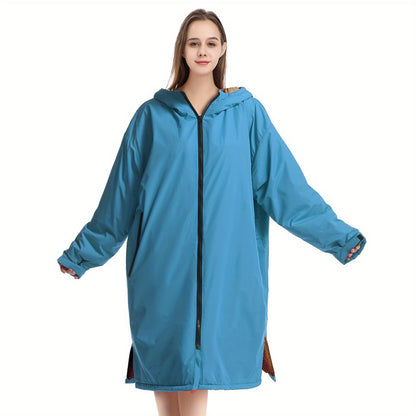 Changing Robe Fleece Lined Hooded – Long Sleeve Windproof Warm Surf Poncho for Swimming, Surfing, Diving, Camping & Hiking – 43.3x31.5in, 4 Colors: Navy, Black, Red, Blue