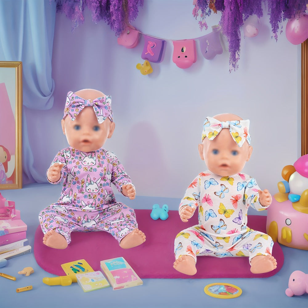 5-Pack Baby Doll Outfits Romper Clothes Set with Headbands for 14-16 Inch 43cm Newborn Dolls Girls Gift Ages 3+ Butterfly Unicorn Rainbow Bunny Flamingo Soft Fabric Dress Up (No Doll)