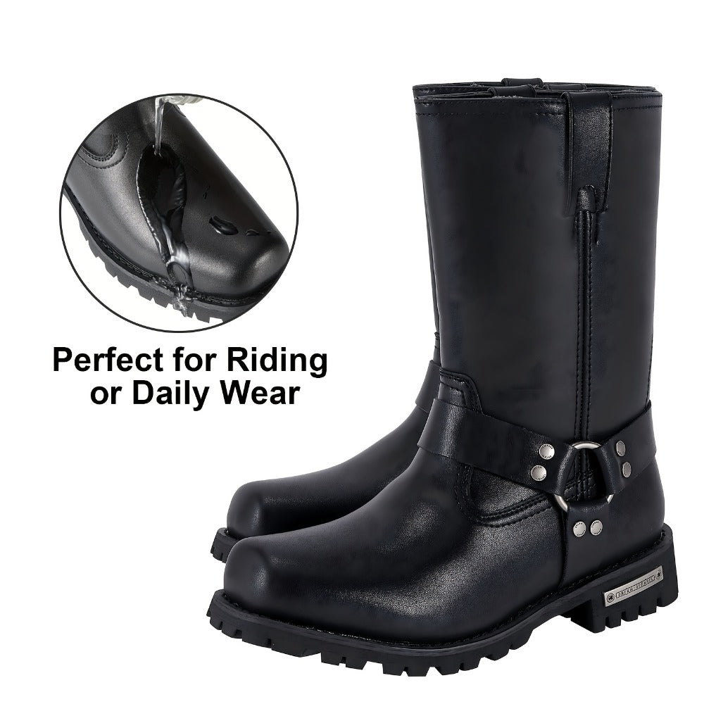 Men's Motorcycle Boots 11" Harness – PU Leather Non-Slip Square Toe Mid-Calf Biker Boots, Abrasion Resistant All-Season Riding Boots, Sizes US 8 to US 14, Black