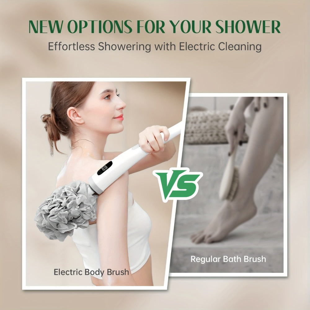 Electric Body Scrubber Brush 3 Replaceable Heads Dual Speed Shower Back Cleaner Exfoliating Skin Cleansing Massage African Bath Sponge Long Handle for Women Men Home Spa Daily Use