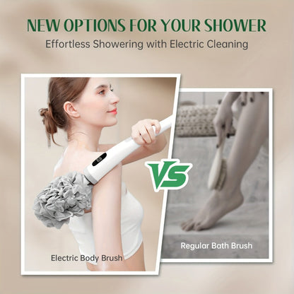 Electric Body Scrubber Brush 3 Replaceable Heads Dual Speed Shower Back Cleaner Exfoliating Skin Cleansing Massage African Bath Sponge Long Handle for Women Men Home Spa Daily Use