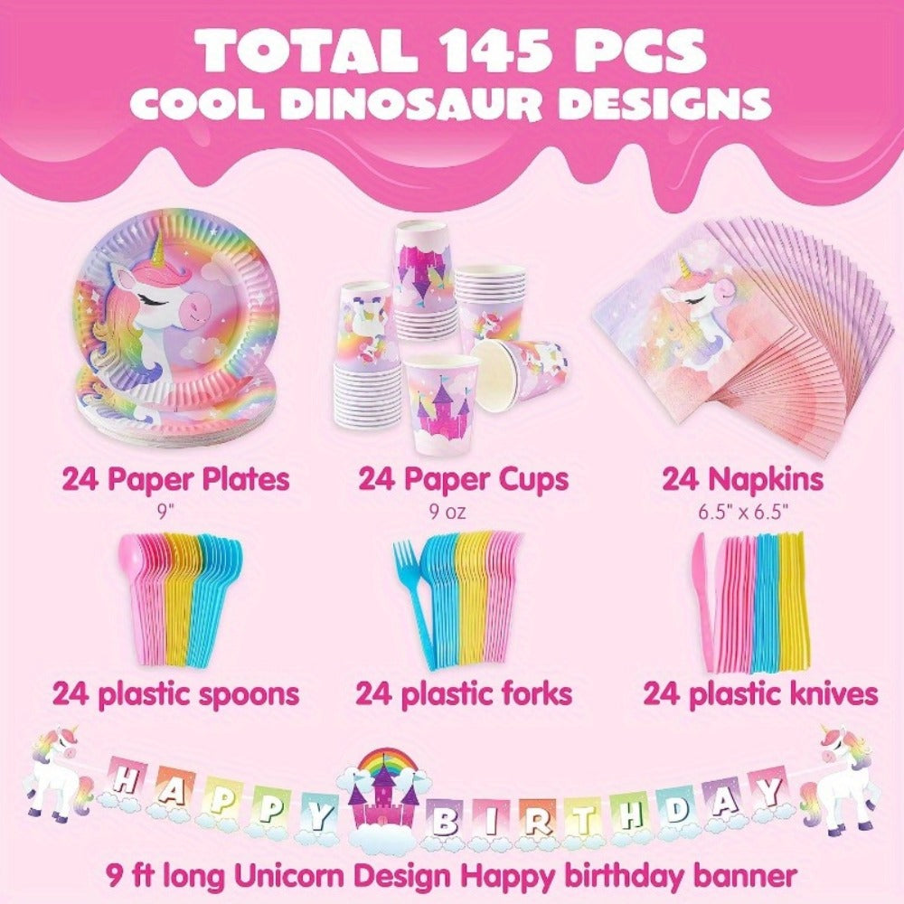 Unicorn Party Supplies 145 Pcs for 24 Guests – Disposable Tableware Set with Plates Cups Napkins Cutlery & Happy Birthday Banner for Unicorn Theme Birthday Party Decorations & Celebrations