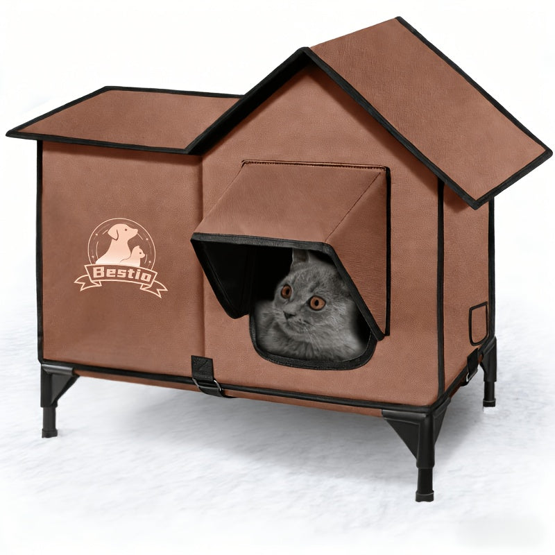 Heated Cat House 3-in-1 with Removable Warming Pad, Elevated Cat Bed for Indoor & Outdoor Cats, Chew-Resistant Cord, Double Door Cat Cave, All-Season Cat Shelter & Condo