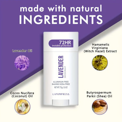 Natural Deodorant Stick Aluminum Free Baking Soda Free 72HR Invisible Protection with Witch Hazel Shea Butter Unisex Sandalwood Lavender Peach Charcoal 75g