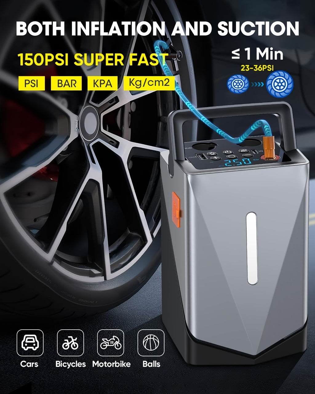 Jump Starter with Air Compressor, 5in 1 Function Jump Box 25000mAh Peak 150PSI Jump Starter Battery Pack with Digital Tire Inflator, Car Battery Charger Portable for 10.L Gas Or 2.38gal Diesel QC18W Fast Charging USB Output, LED Emergency Lighting