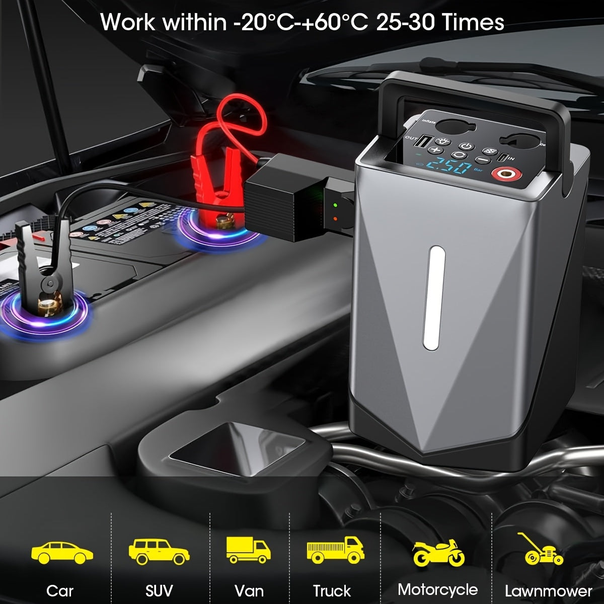 Jump Starter with Air Compressor, 5in 1 Function Jump Box 25000mAh Peak 150PSI Jump Starter Battery Pack with Digital Tire Inflator, Car Battery Charger Portable for 10.L Gas Or 2.38gal Diesel QC18W Fast Charging USB Output, LED Emergency Lighting
