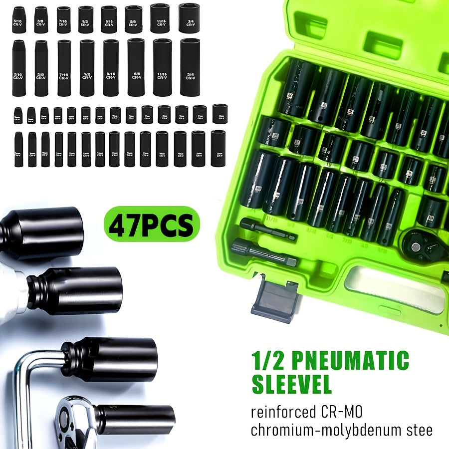 34pcs Impact Socket Set with 1/2" Drive Or 53pcs Tool Set Or 47pcs Impact Socket Set with 3/8" Drive, SAE (5/16" to 3/4") And Metric (8 to 22mm) Sizes, 6-point Design, Including Ratchet Handle, Extension Rod And Connector, Cr-V