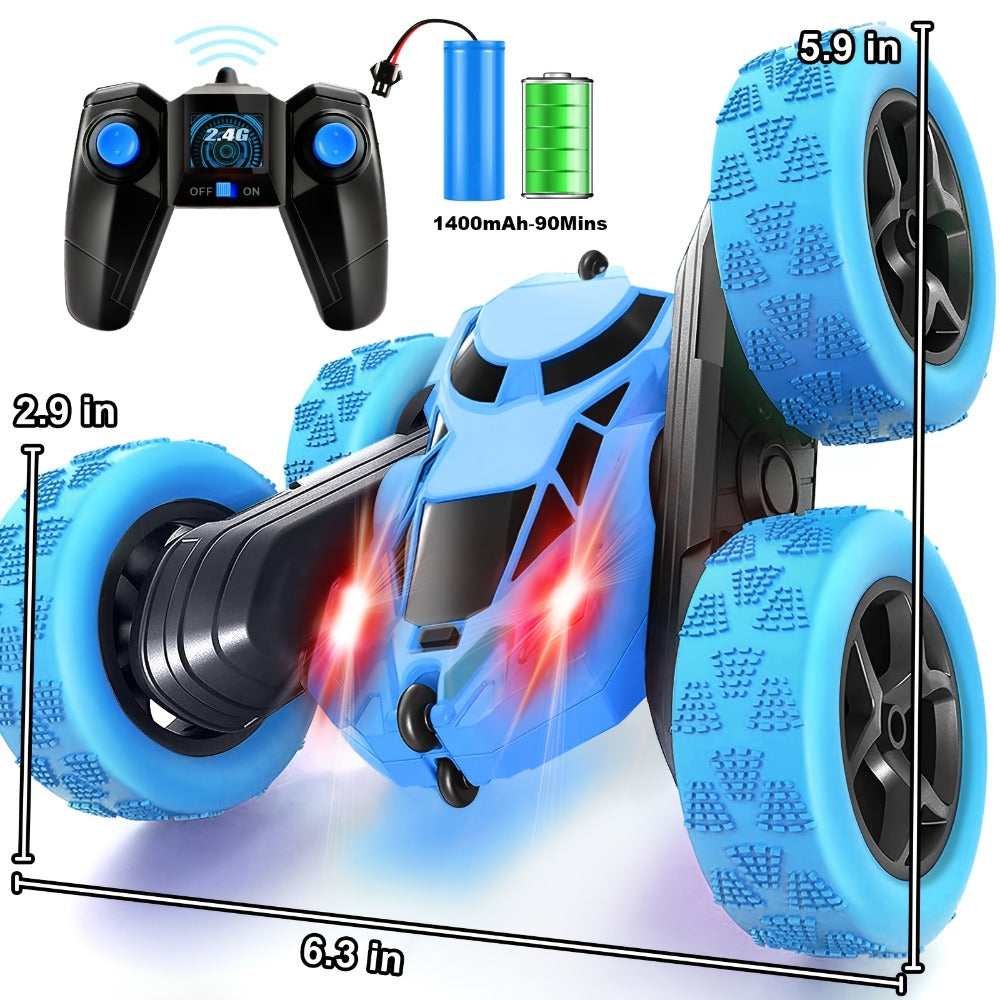 RC Stunt Car Double Sided 360 Degree Flip Remote Control Car with LED Headlights & 1400mAh Rechargeable Battery – 2.4GHz Rotating Drift Trick Car for Kids Ages 6+, Birthday Christmas Gift Boys Girls Blue Pink Orange